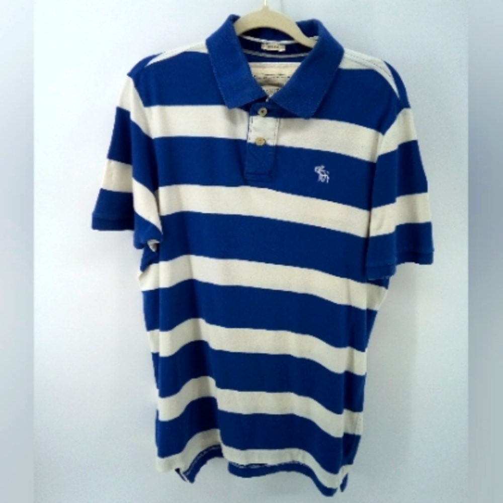 Abercrombie & Fitch Youth Muscle 100% Cotton Blue White Striped Polo Shirt L